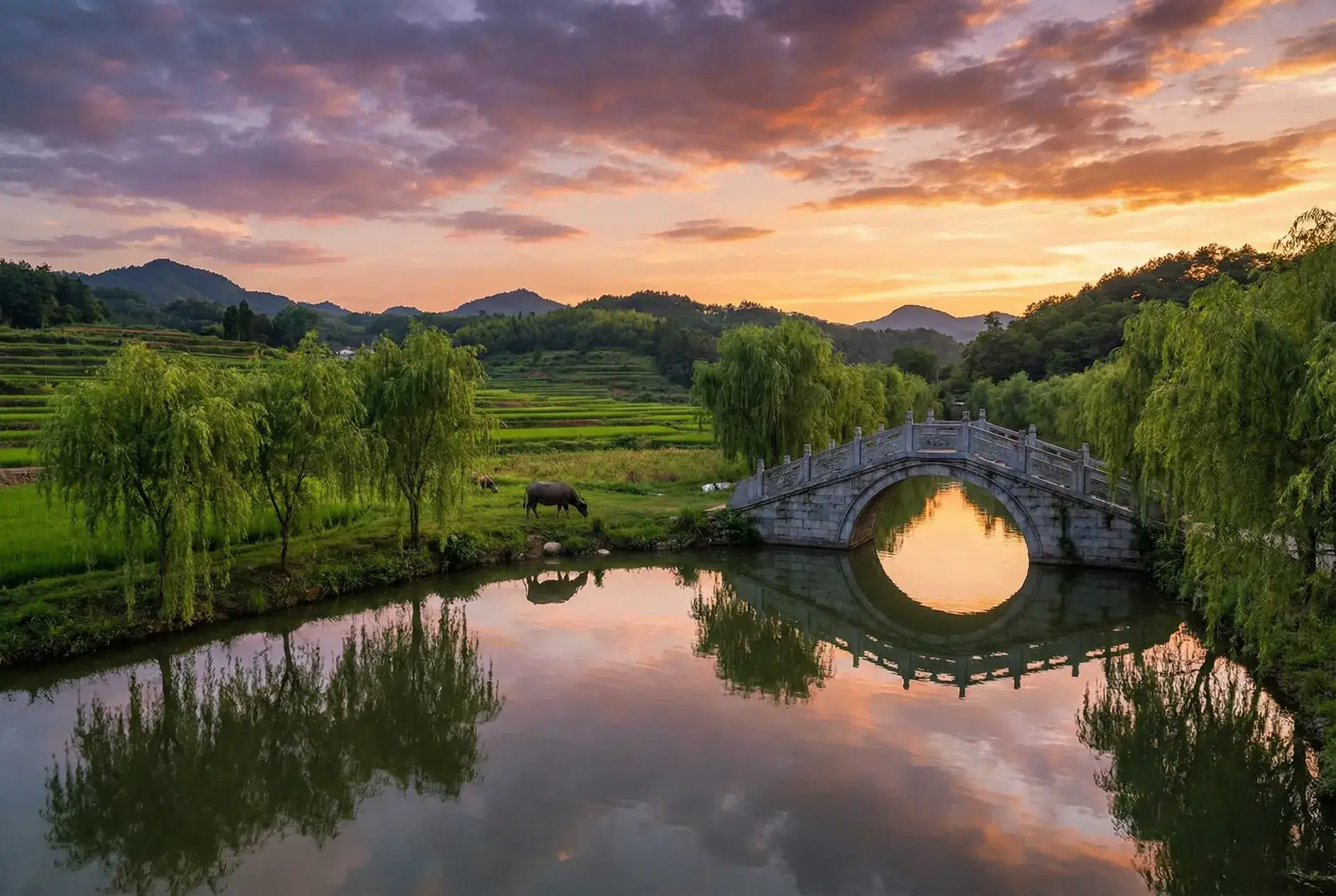 夕阳下的石拱桥与垂柳，水牛在河边吃草 - 吴梦梦到粉丝家里实战第二在线 乡村美景